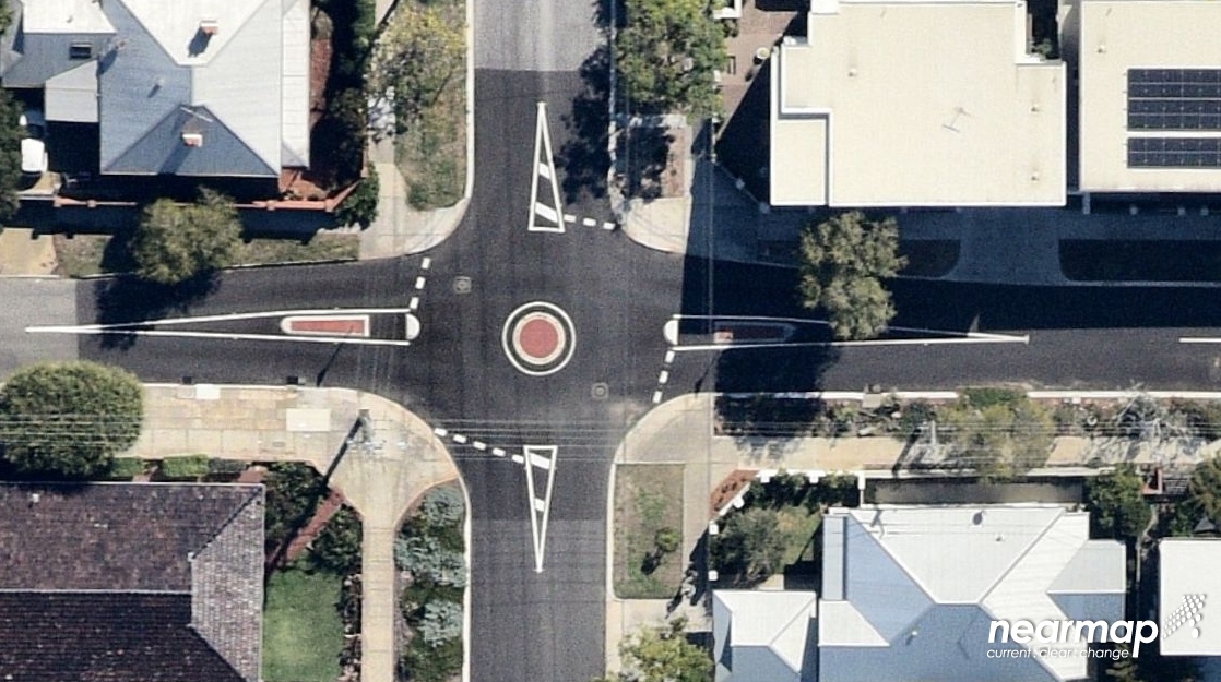 Aerial photo of a mini-roundabout in North Perth